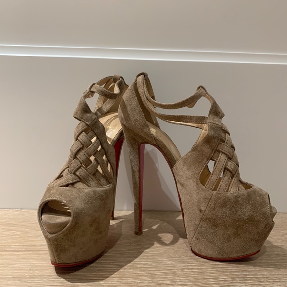 Christian Louboutin Ultra High Platform suede Strappy beige - Picture 1 of 3